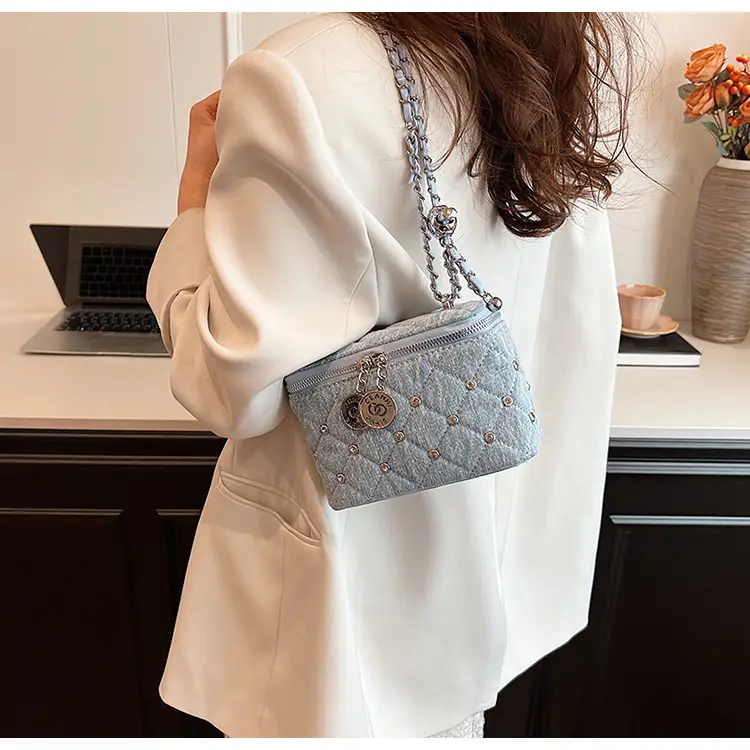 Light Blue Quilted Chain Shoulder Bag with Crossbody Compartment — feature 21