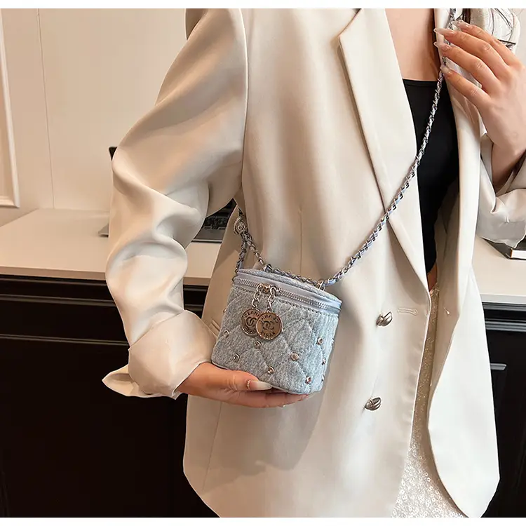 Light Blue Quilted Chain Shoulder Bag with Crossbody Compartment — feature 26
