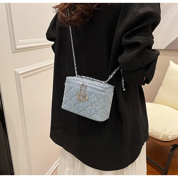 Light Blue Quilted Chain Shoulder Bag with Crossbody Compartment — feature 29