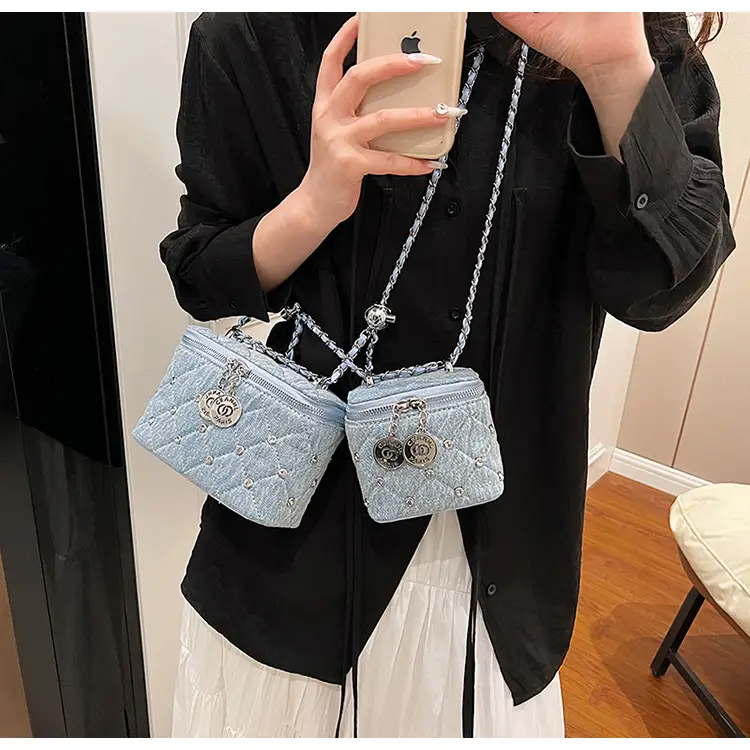 Light Blue Quilted Chain Shoulder Bag with Crossbody Compartment — feature 30