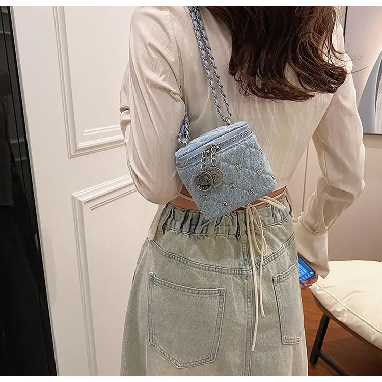 Light Blue Quilted Chain Shoulder Bag with Crossbody Compartment — feature 31