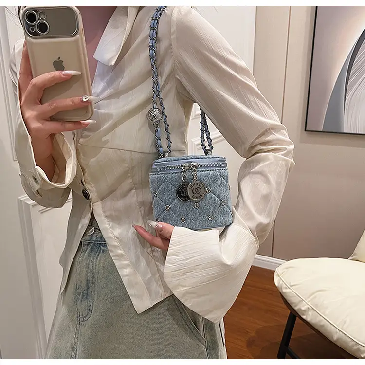 Light Blue Quilted Chain Shoulder Bag with Crossbody Compartment — feature 32