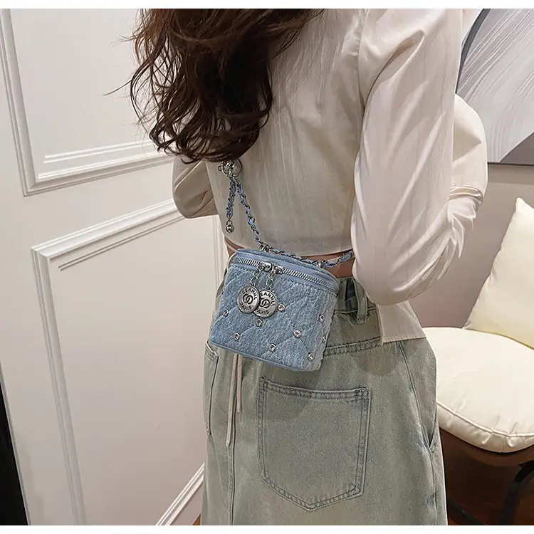 Light Blue Quilted Chain Shoulder Bag with Crossbody Compartment — feature 33