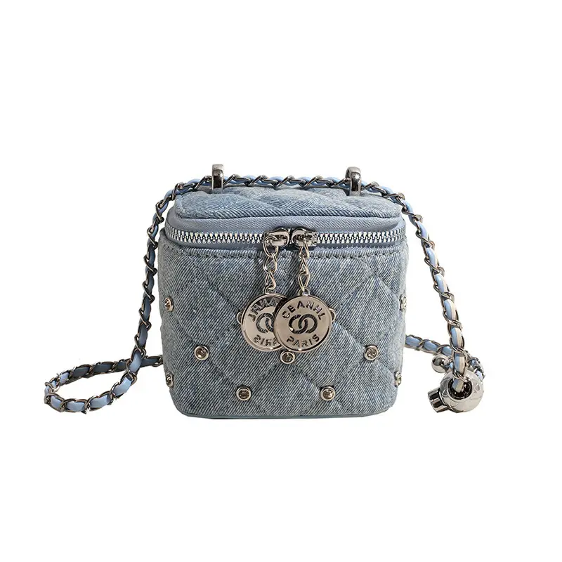 Light Blue Quilted Chain Shoulder Bag with Crossbody Compartment - Image 2