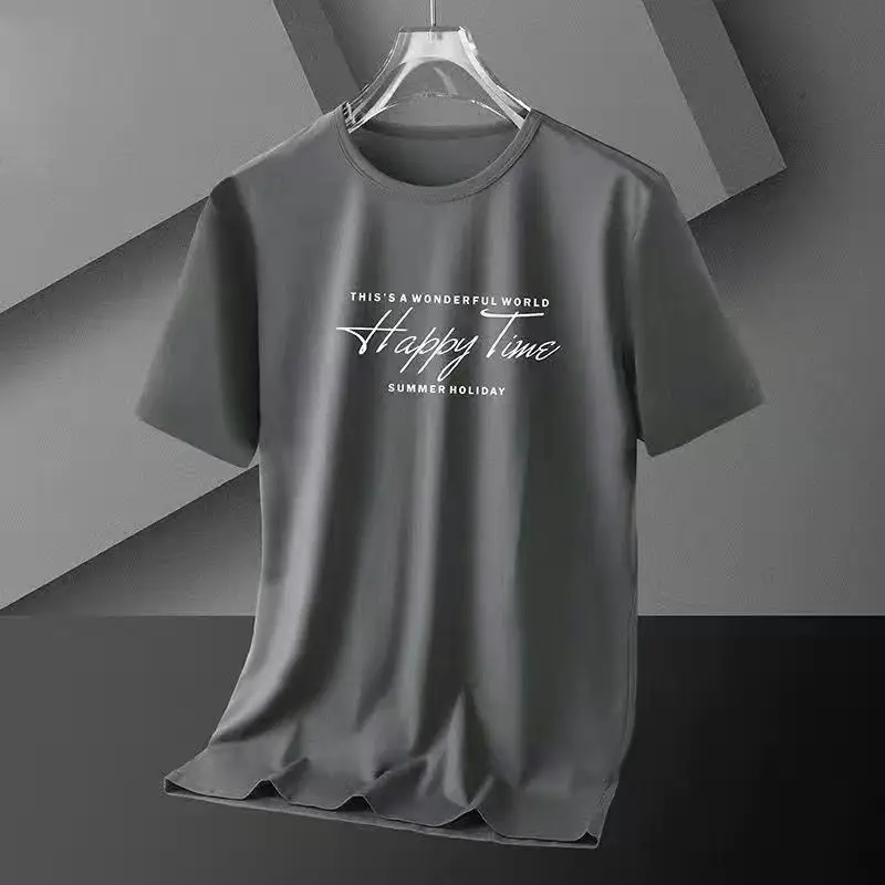 Men Grey Printed Ice Silk T-Shirt Slimming Short Sleeve - Image 10