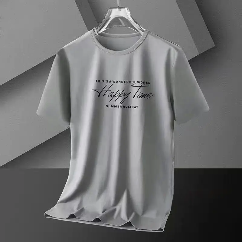 Men Grey Printed Ice Silk T-Shirt Slimming Short Sleeve - Image 3