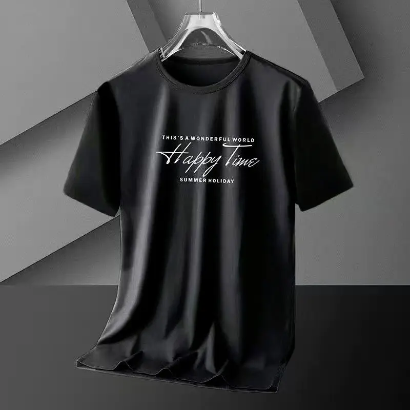 Men Grey Printed Ice Silk T-Shirt Slimming Short Sleeve - Image 2