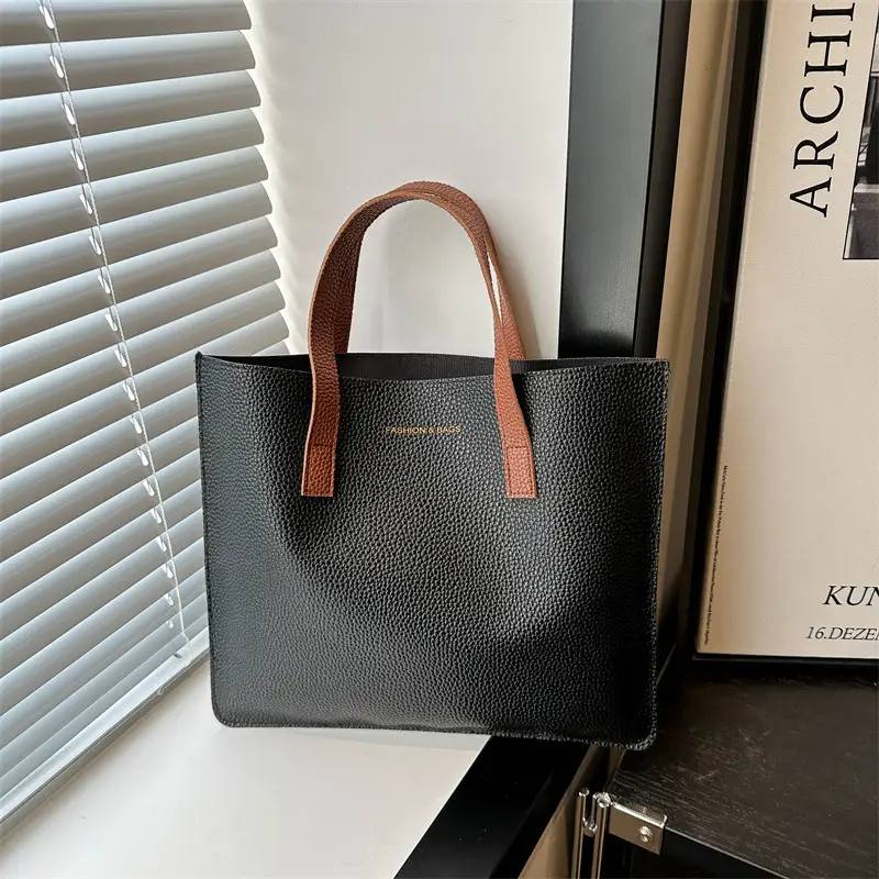 Black Leather Shoulder Bag with Brown Handles - Image 8