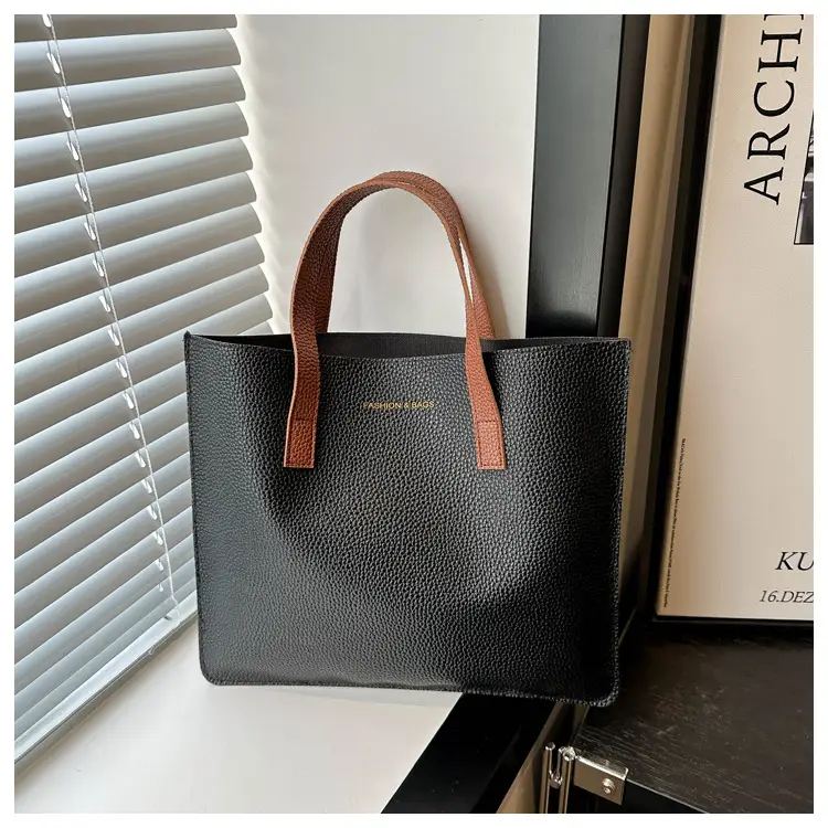 Black Leather Shoulder Bag with Brown Handles — feature 34