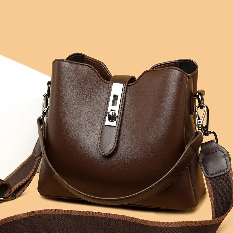 Brown Leather Bucket Bag for Women Spring Summer