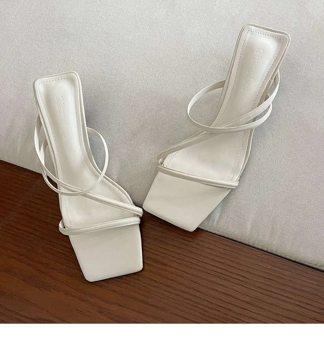 French high-end creamy-white thin-line sandals women's wholesale spring and summer net red square stiletto heel high heels — feature 12