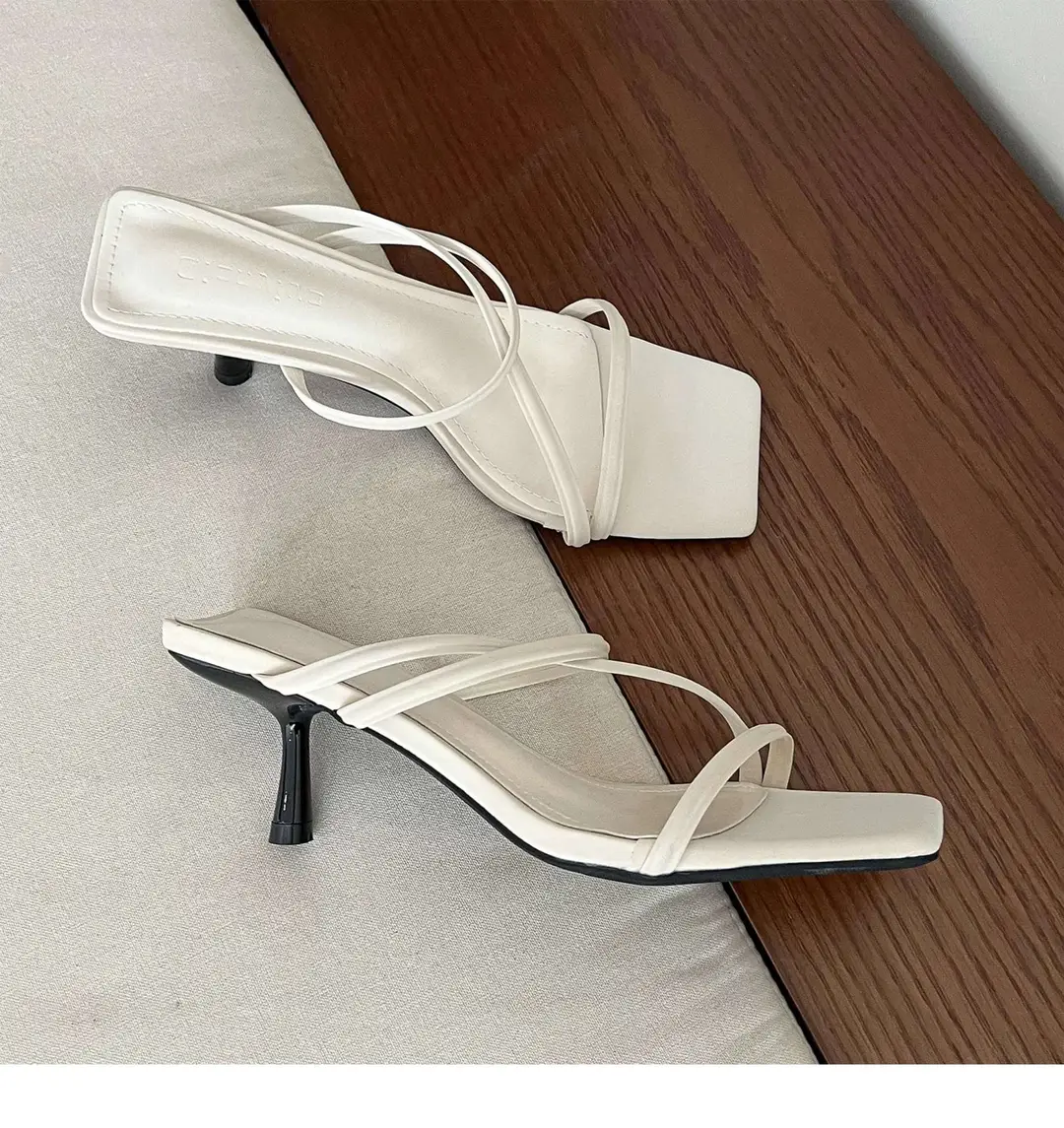 French high-end creamy-white thin-line sandals women's wholesale spring and summer net red square stiletto heel high heels — feature 13