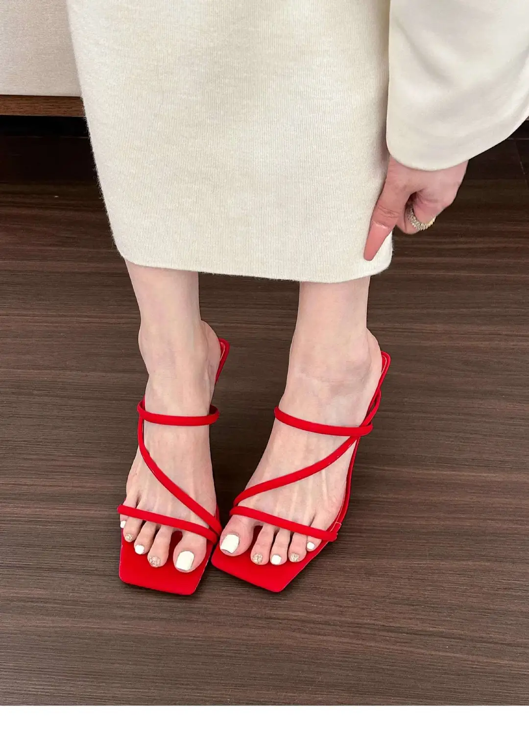 French high-end creamy-white thin-line sandals women's wholesale spring and summer net red square stiletto heel high heels — feature 6