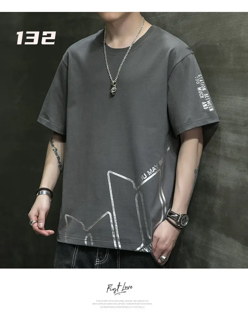 Men Grey Graphic Print T-Shirt Short Sleeve Pure Cotton 2024 — feature 36