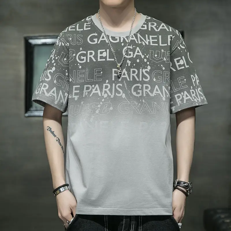 Men Grey Graphic Print T-Shirt Short Sleeve Pure Cotton 2024 - Image 12