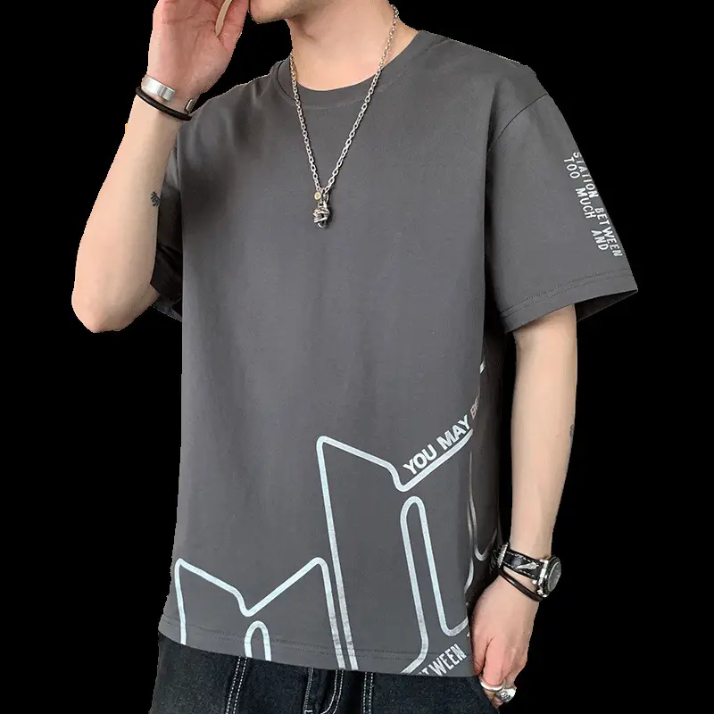 Men Grey Graphic Print T-Shirt Short Sleeve Pure Cotton 2024 - Image 15