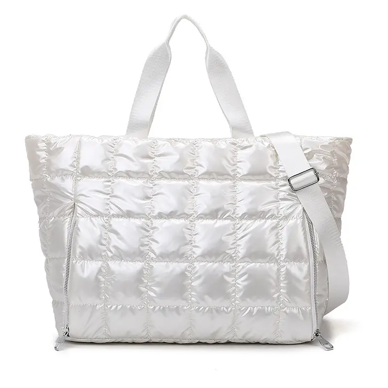 White Quilted Shoulder Travel Bag for Women - Image 3