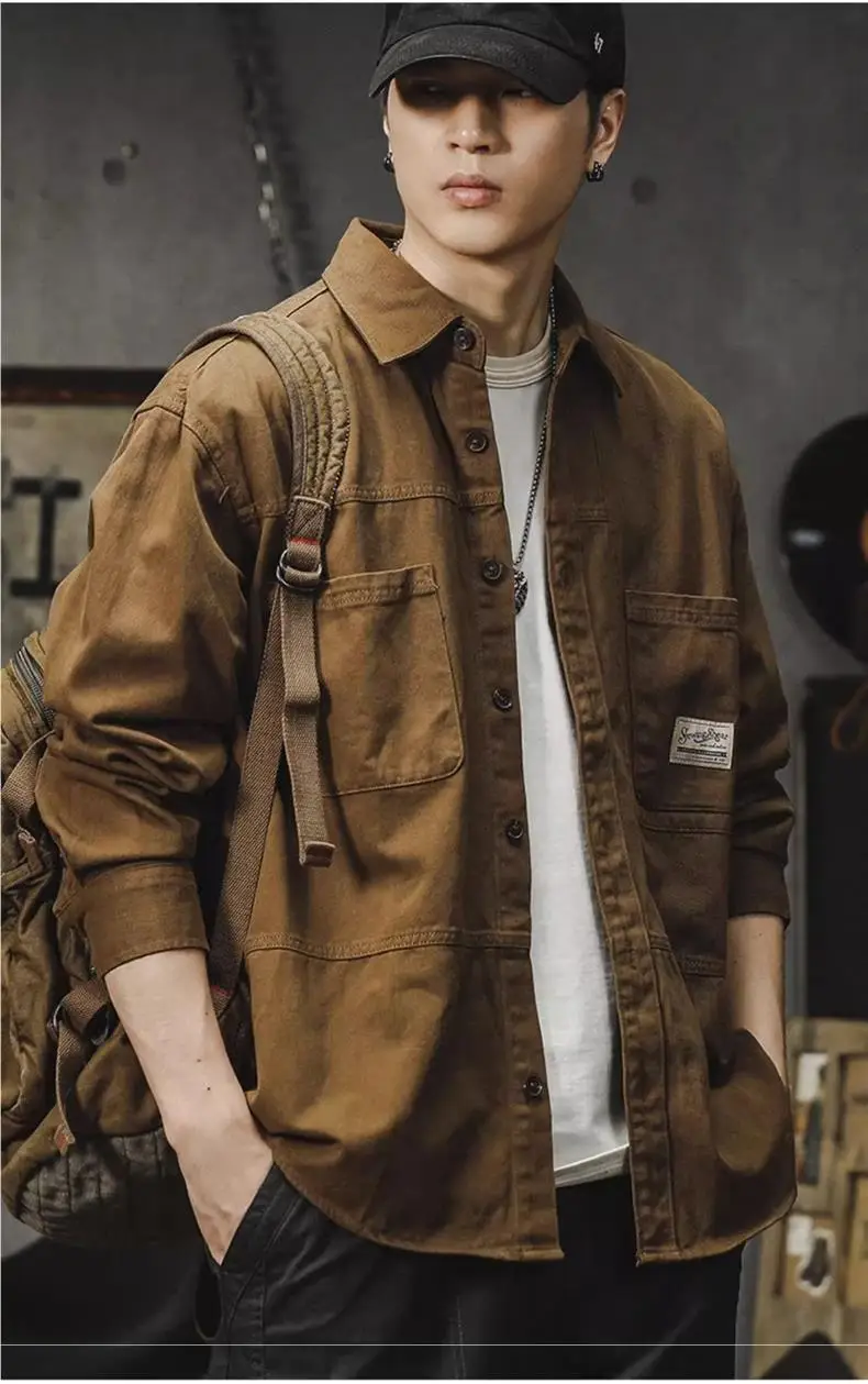 Men's Long-Sleeved Brown Workshirt with 2 Pocket — feature 7