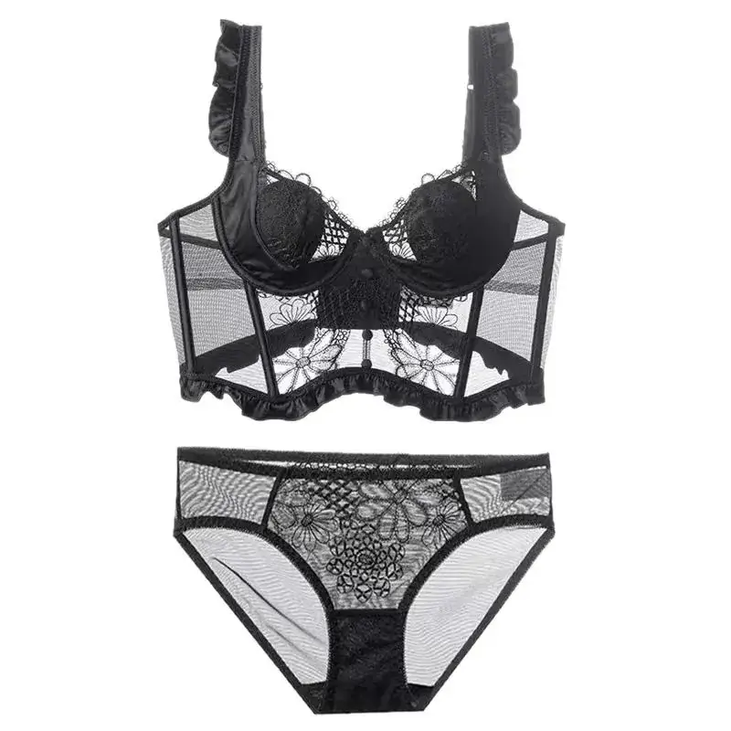 Black Lace French Waistcoat Bra Set for Women - Image 9
