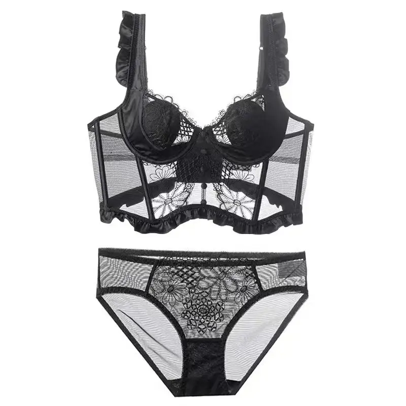 Black Lace French Waistcoat Bra Set for Women — feature 9