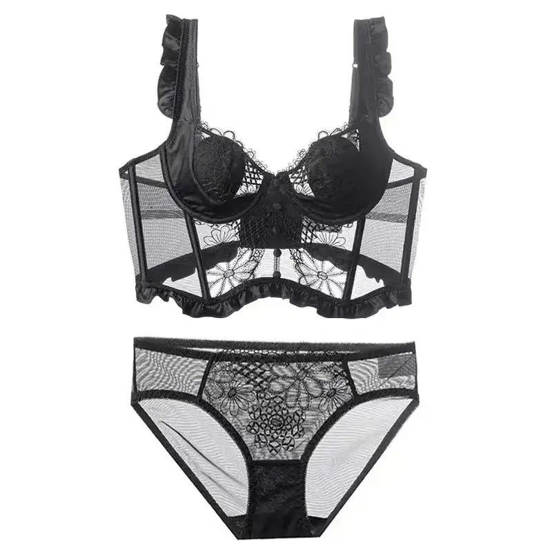 Black Lace French Waistcoat Bra Set for Women - Image 3