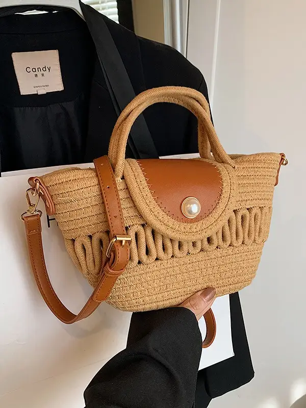 Women's Woven Shoulder Bag with Pearl Accents