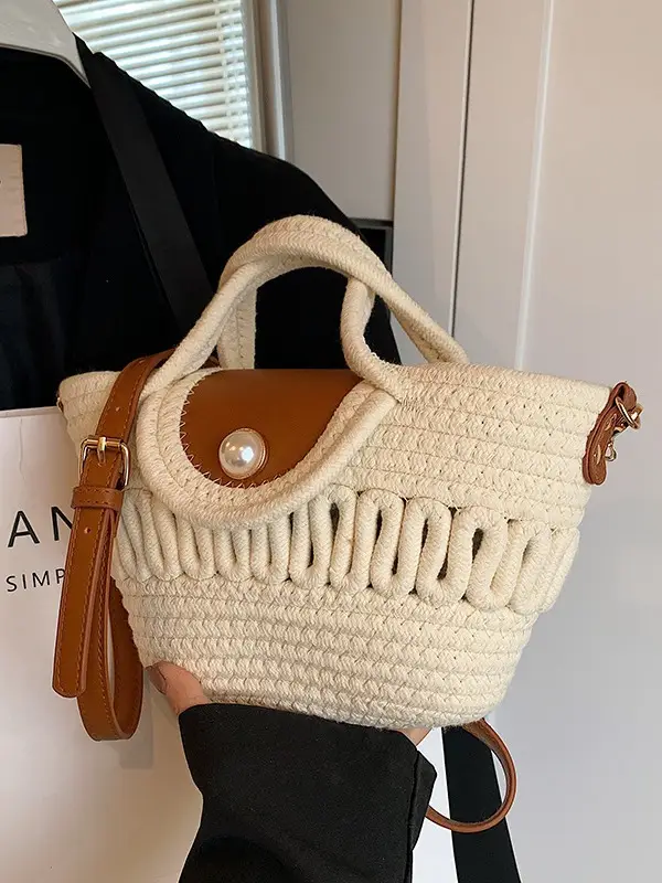 Women's Woven Shoulder Bag with Pearl Accents