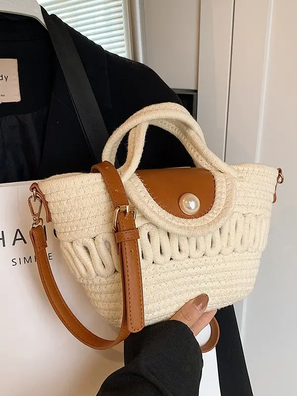 Women's Woven Shoulder Bag with Pearl Accents