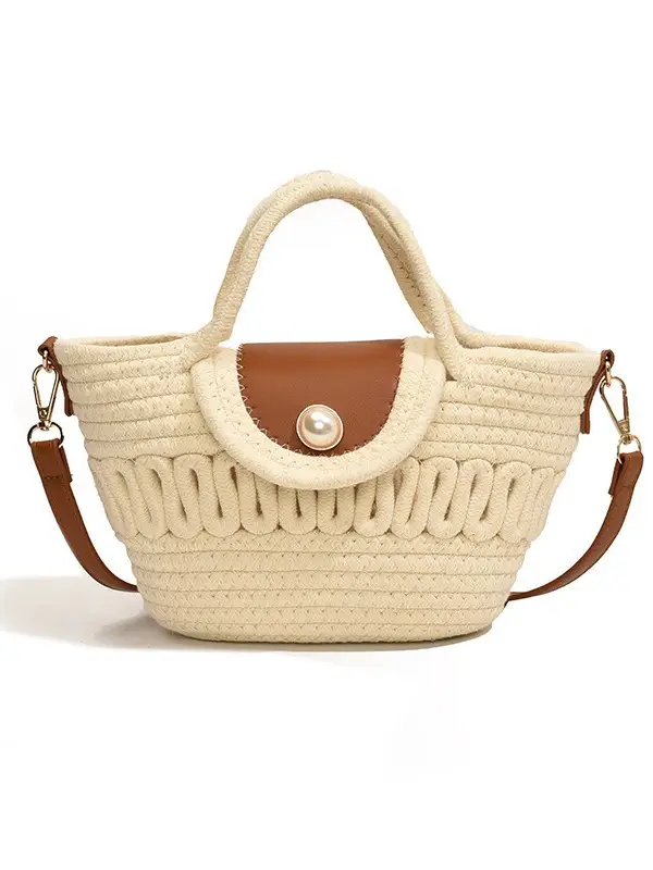 Women's Woven Shoulder Bag with Pearl Accents