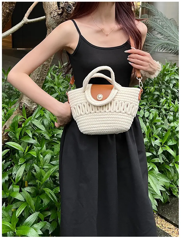 Women's Woven Shoulder Bag with Pearl Accents — feature 13