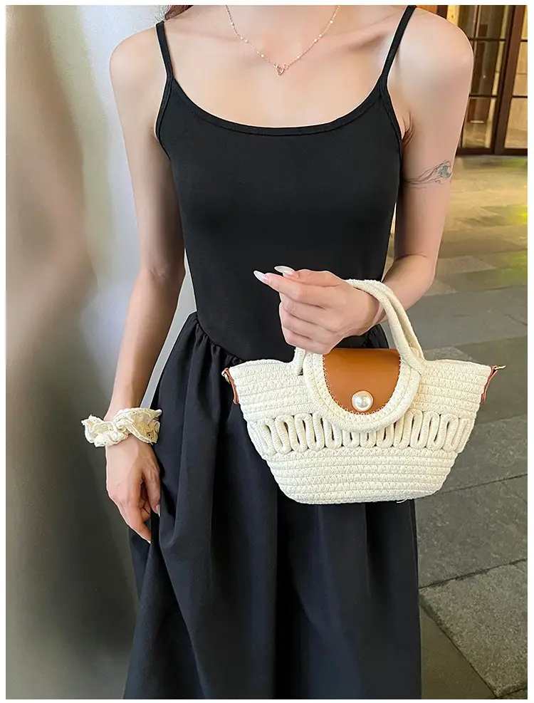Women's Woven Shoulder Bag with Pearl Accents — feature 16
