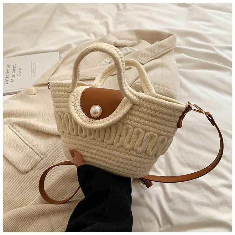 Women's Woven Shoulder Bag with Pearl Accents — feature 19
