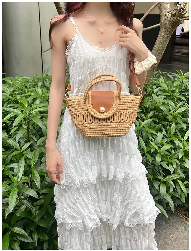 Women's Woven Shoulder Bag with Pearl Accents — feature 8
