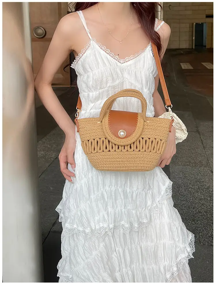 Women's Woven Shoulder Bag with Pearl Accents — feature 9