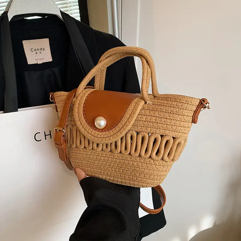 Women's Woven Shoulder Bag with Pearl Accents