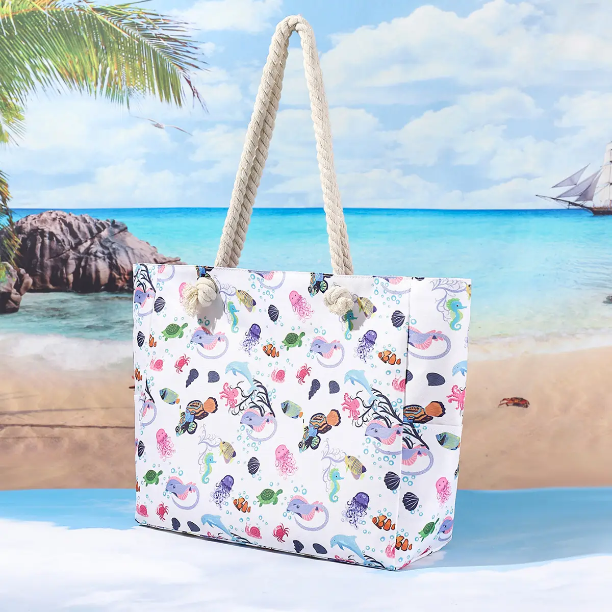 Blue Striped Beach Tote Bag Large Capacity Casual Shoulder Handbag — feature 32