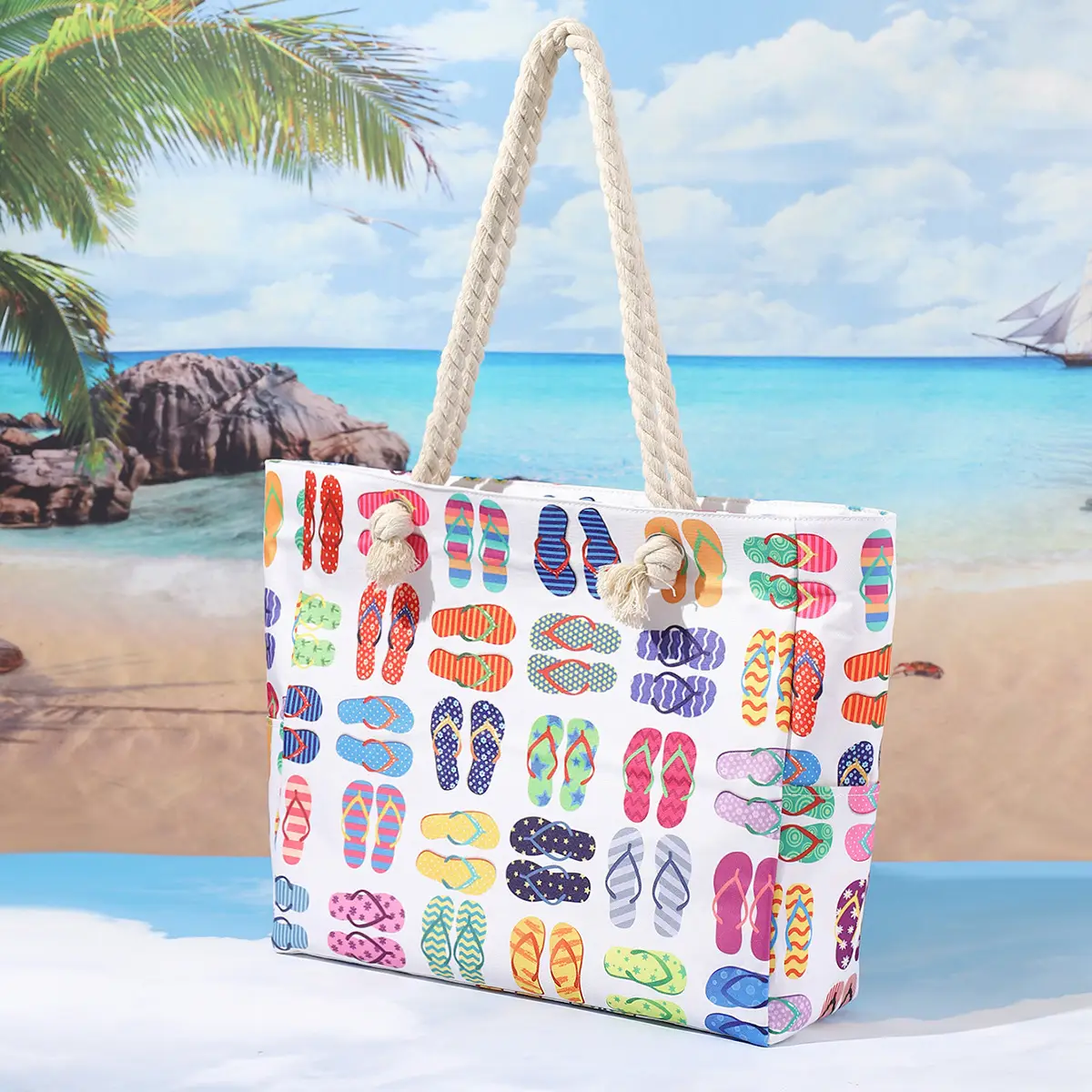 Blue Striped Beach Tote Bag Large Capacity Casual Shoulder Handbag — feature 9