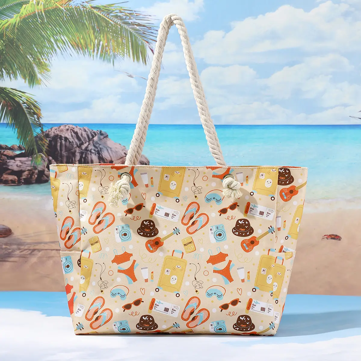 Blue Striped Beach Tote Bag Large Capacity Casual Shoulder Handbag - Image 3
