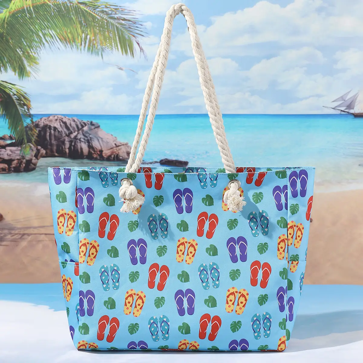 Blue Striped Beach Tote Bag Large Capacity Casual Shoulder Handbag - Image 6