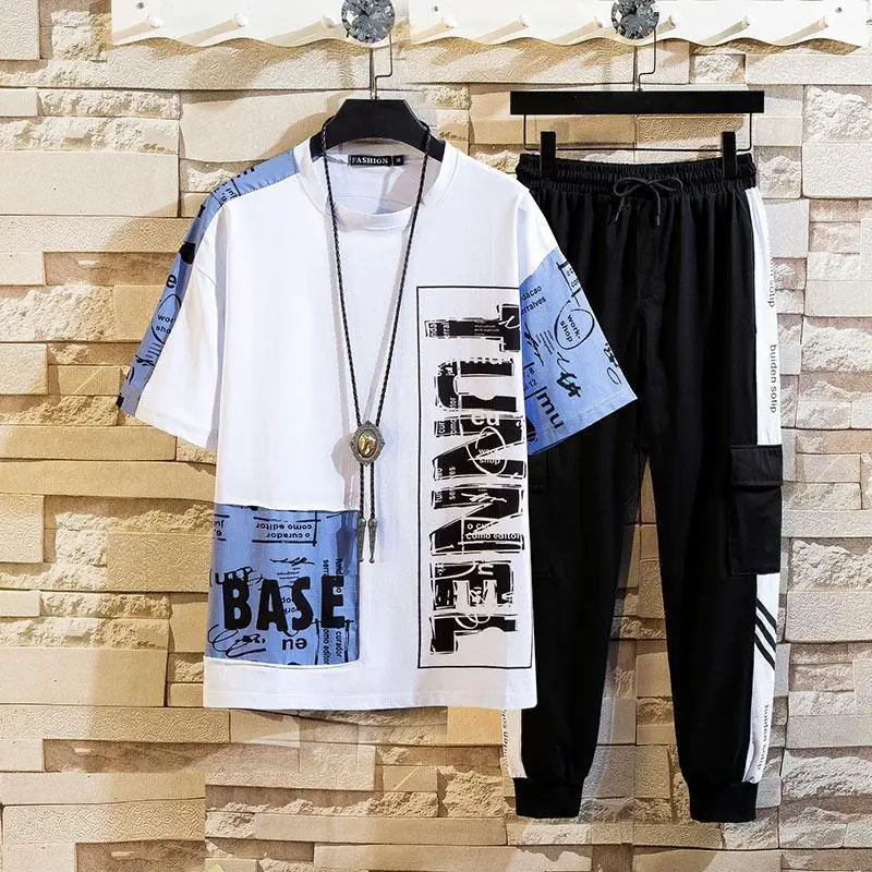Men Sports Casual Shorts Suit Black Teal Three-Striped Set - Image 4
