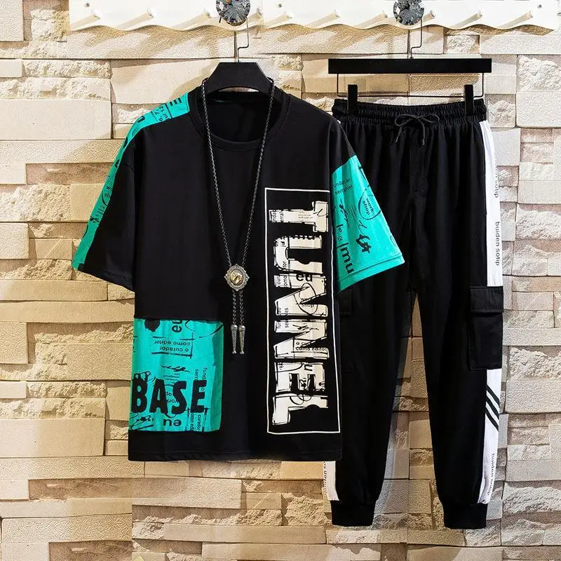 Men Sports Casual Shorts Suit Black Teal Three-Striped Set - Image 5