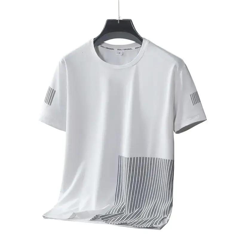 Men White Ice Silk T-Shirt Casual Summer Lightweight - Image 2