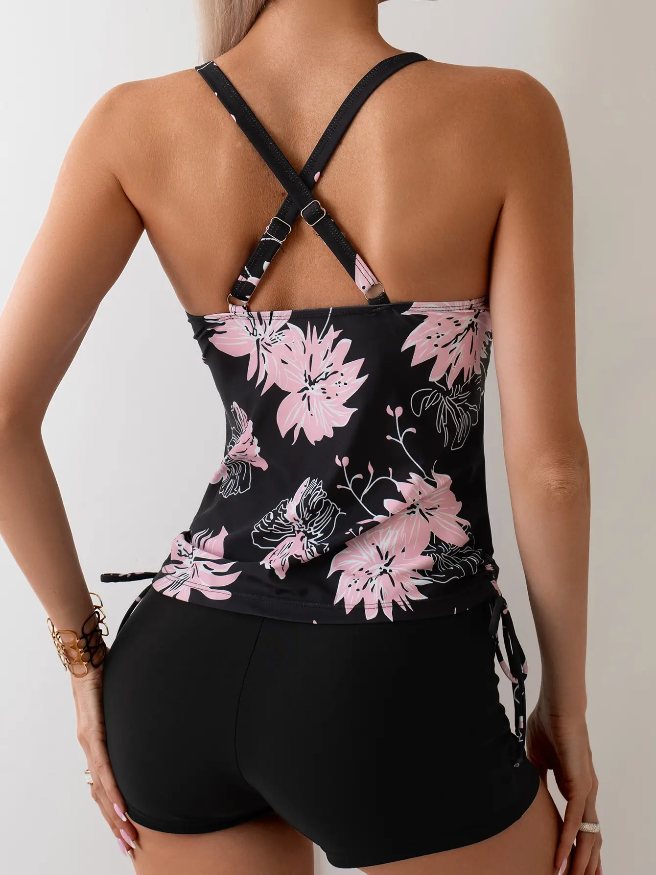 2024 Printed Backless Split Swimwear Black Pink Floral