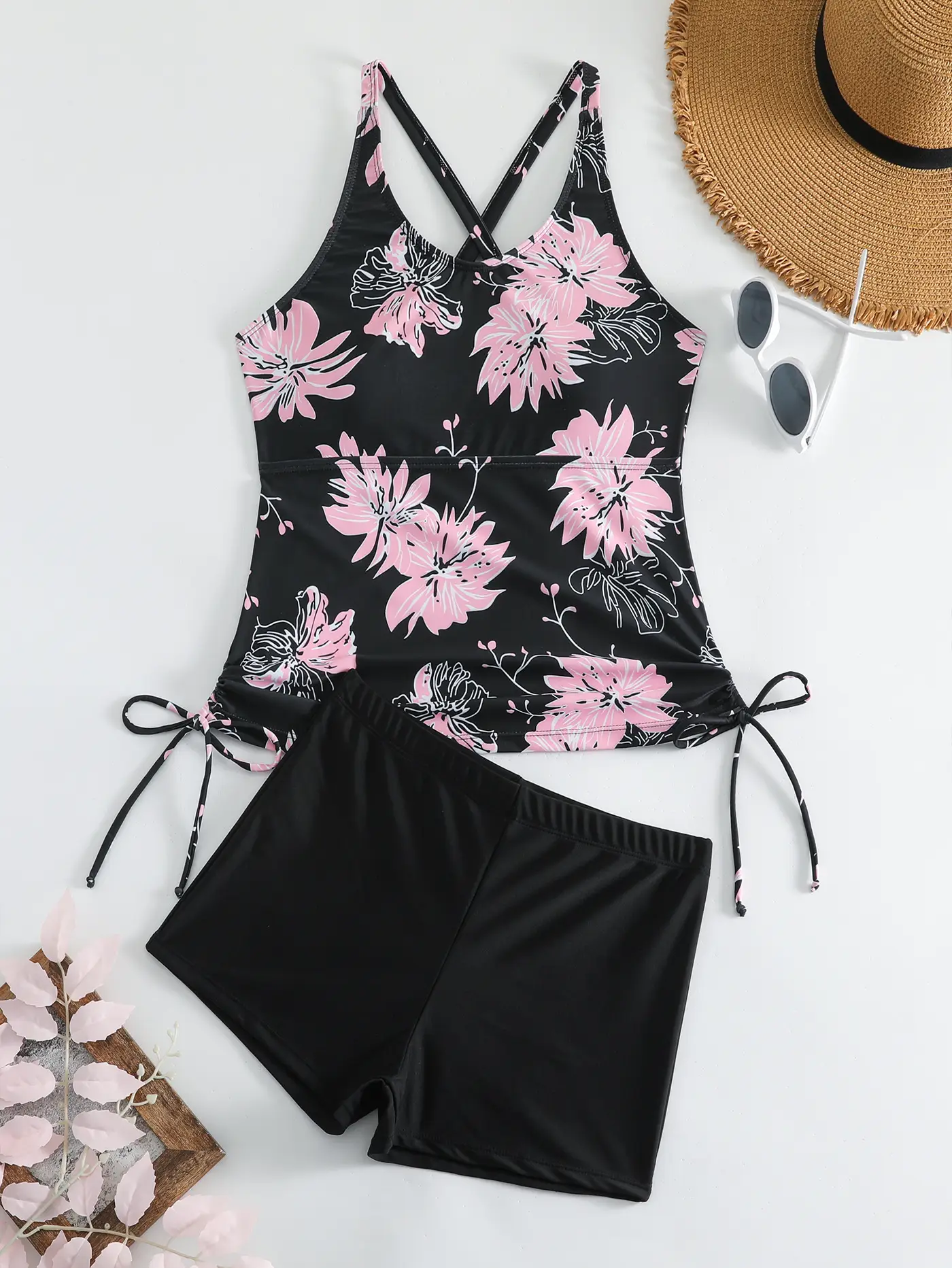 2024 Printed Backless Split Swimwear Black Pink Floral