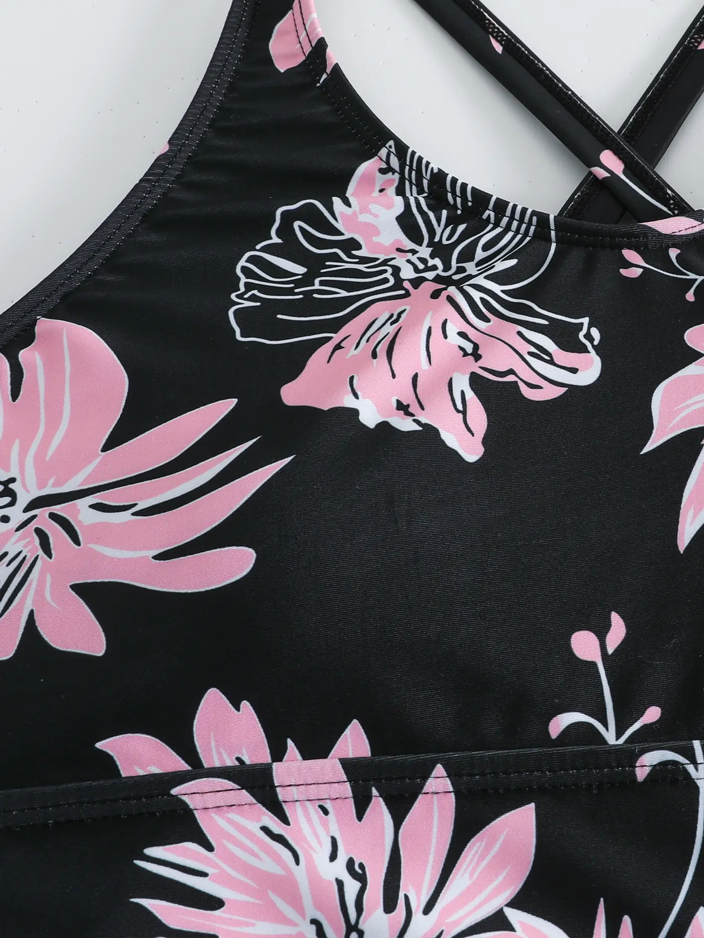 2024 Printed Backless Split Swimwear Black Pink Floral