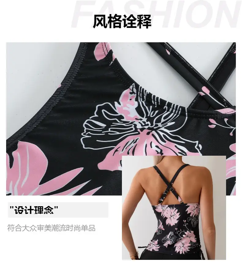 2024 Printed Backless Split Swimwear Black Pink Floral — feature 3