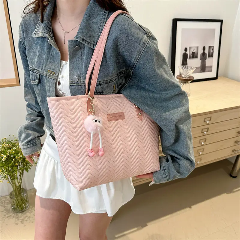 Pink Women's Zigzag Tote Bag Large Capacity - Image 6