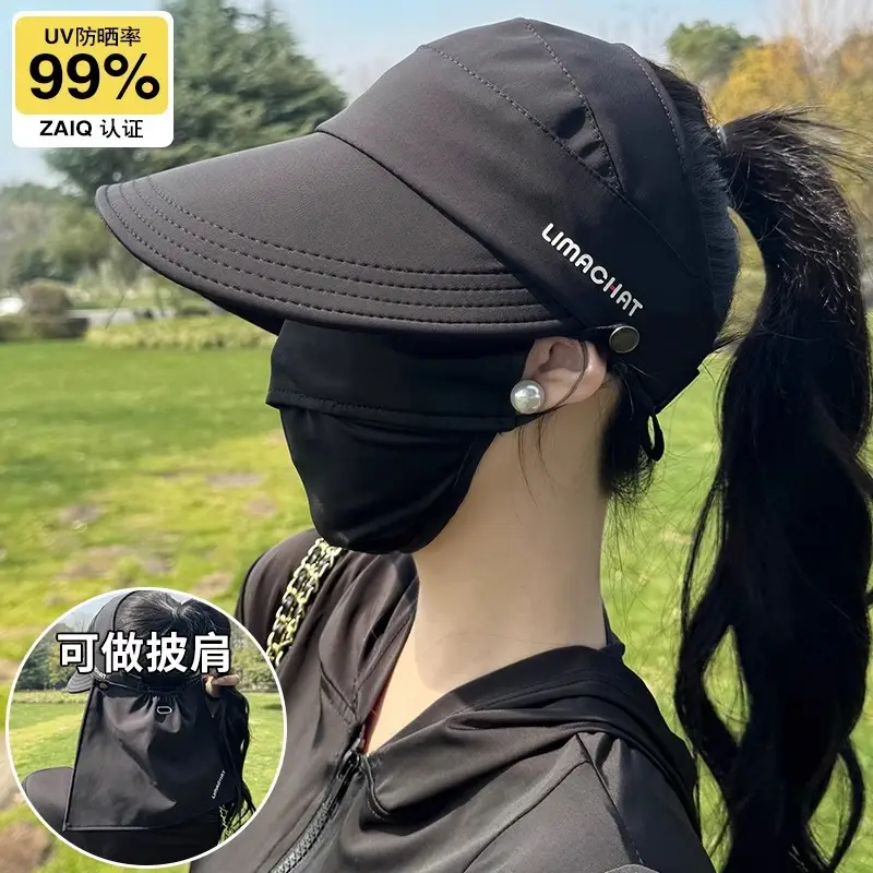 Women Black UV Sunscreen Hat with Neckpack - Image 2