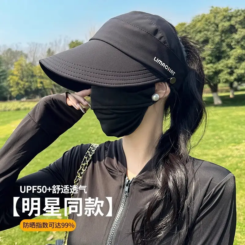 Women Black UV Sunscreen Hat with Neckpack - Image 3