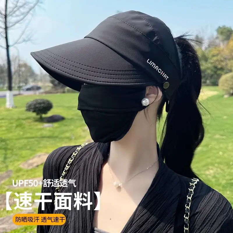 Women Black UV Sunscreen Hat with Neckpack - Image 4